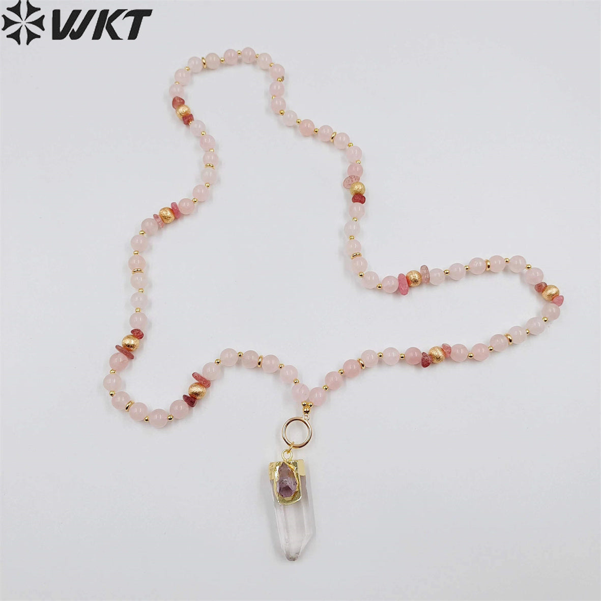 WT-N1411 WKT New Design Women Long Energy Pink Crystal Quartz Point Pendant Necklace Lucky Elegance Shirt Chain Necklace