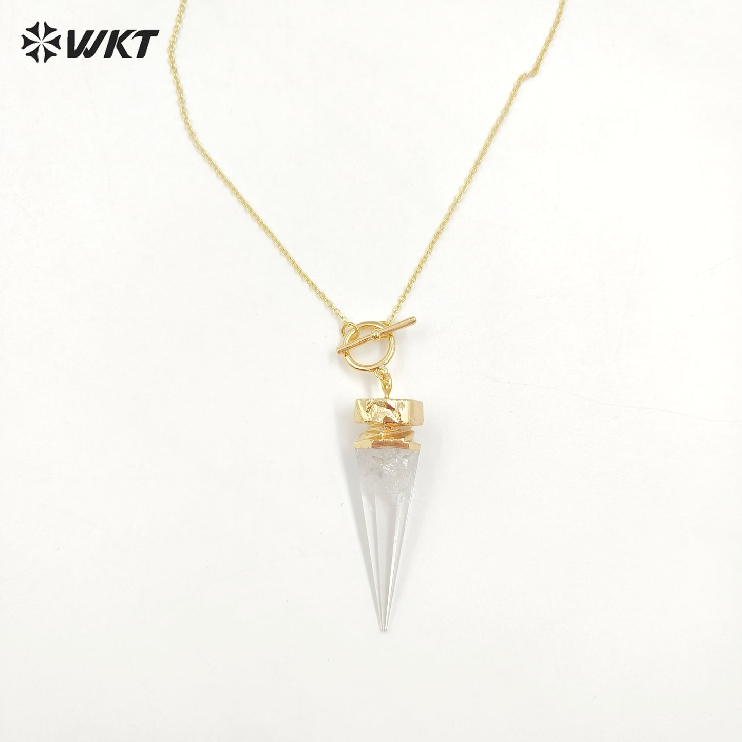 WT-N1463 Wholesale Fashion 18K Real Gold Plated Natural Crystal Quartz Point Energy Healing Bullet Stone Necklace