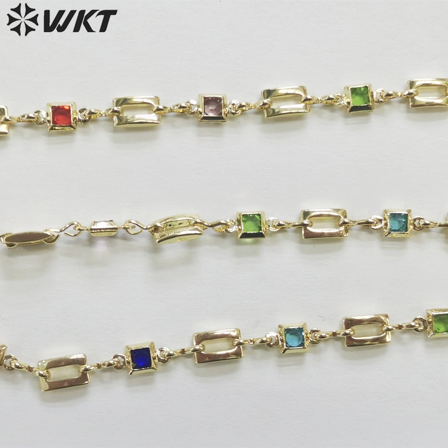 WT-RBC212 Wholesale Fashion Gold Plated Resist Tarnishable Colorful Cubic Zircon Chain square Cz Jewelry Necklace Chain