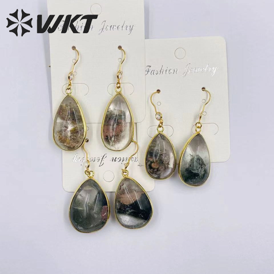 WT-E718 Classical Irregularity Healing Transparency Moss Agate Exquisite Gold Plated Needle Earrings Energy Healing Quartz Hoop