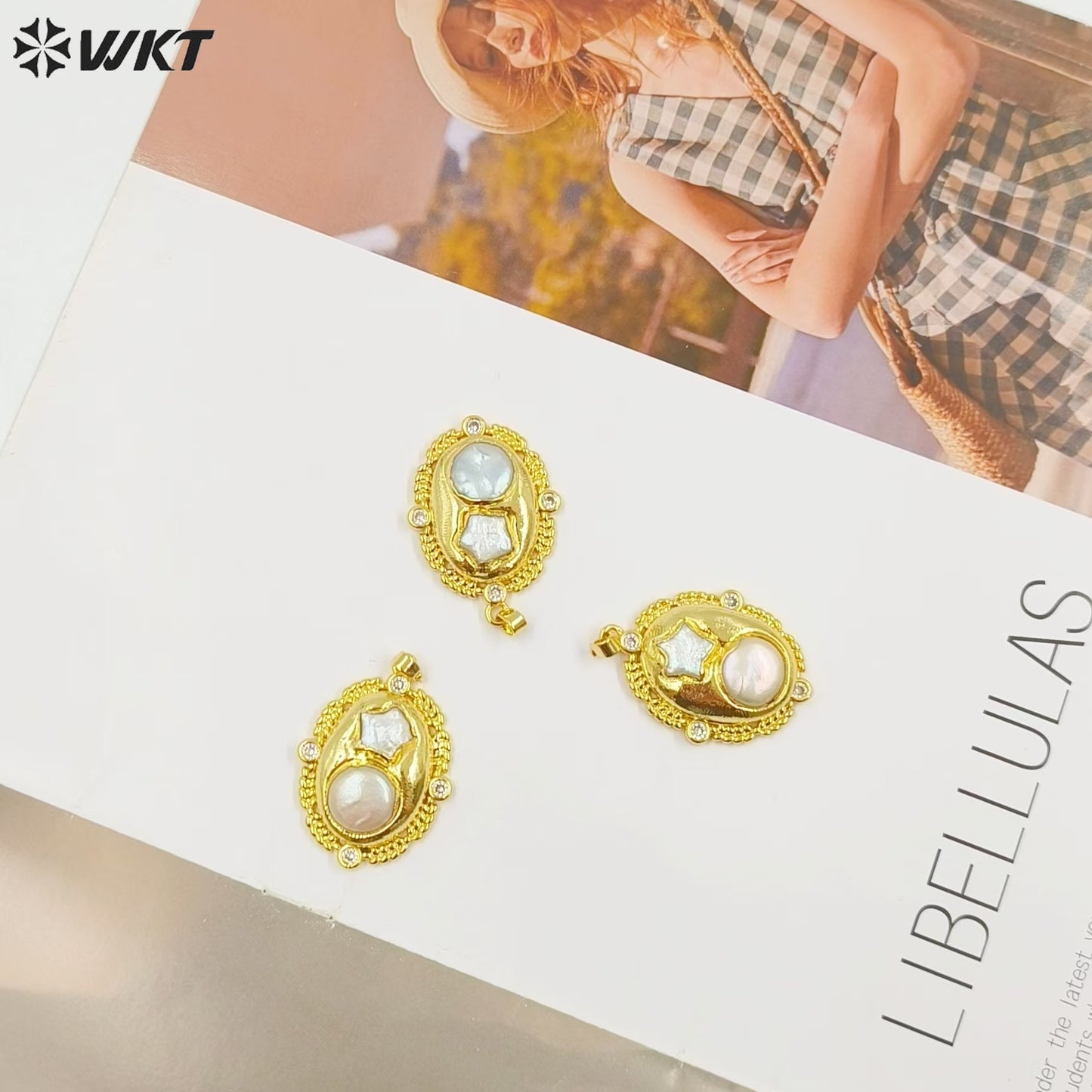 WT-JP390 New Innovation Sweet and Lovely Style Yellow 18K Gold Plated Natural Star Round Pearl Pendant for Girls As Special Gift