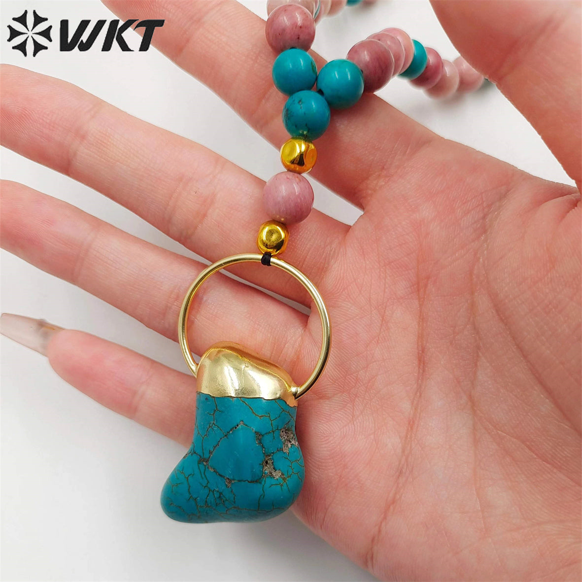 WT-N1410 Newest Fashion Handmade 30 Inch Long Sweater Chain Necklace Women Trendy Hot pink Opal Turquoise Beads Necklace