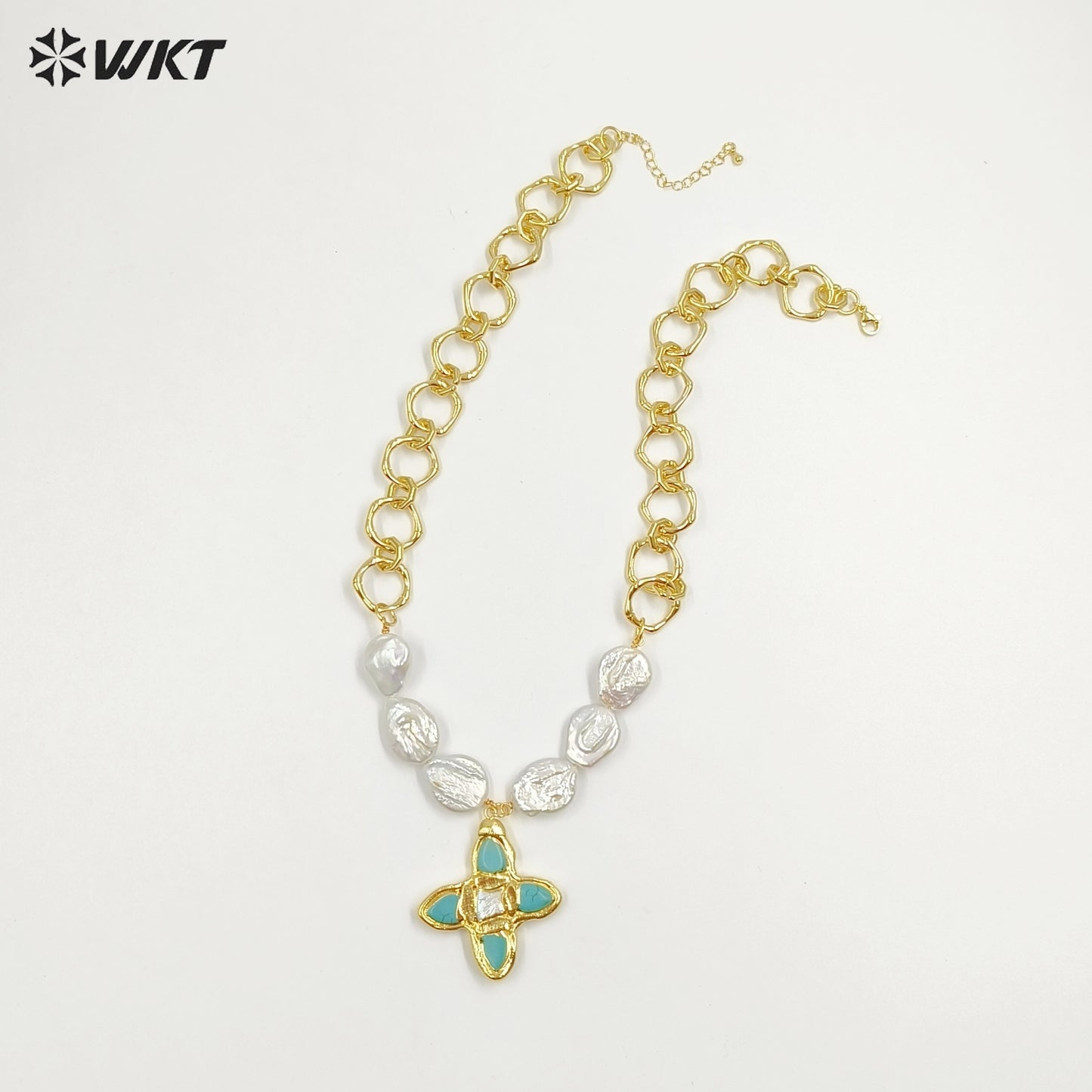 WT-JN324 Amazing Popular Christian High Precious Freshwater Pearl and Cross Turquoise Pendant Necklace with Chunky Chain