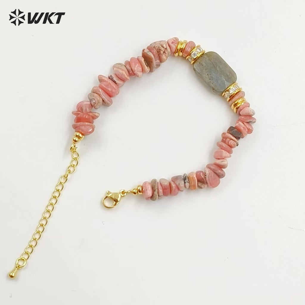 WT-B692 WKT Natural Nugest Stone in Adjustable Beaded Irregular Bracelet With Labradorite and Pink Opal for Women Jewelry Gift