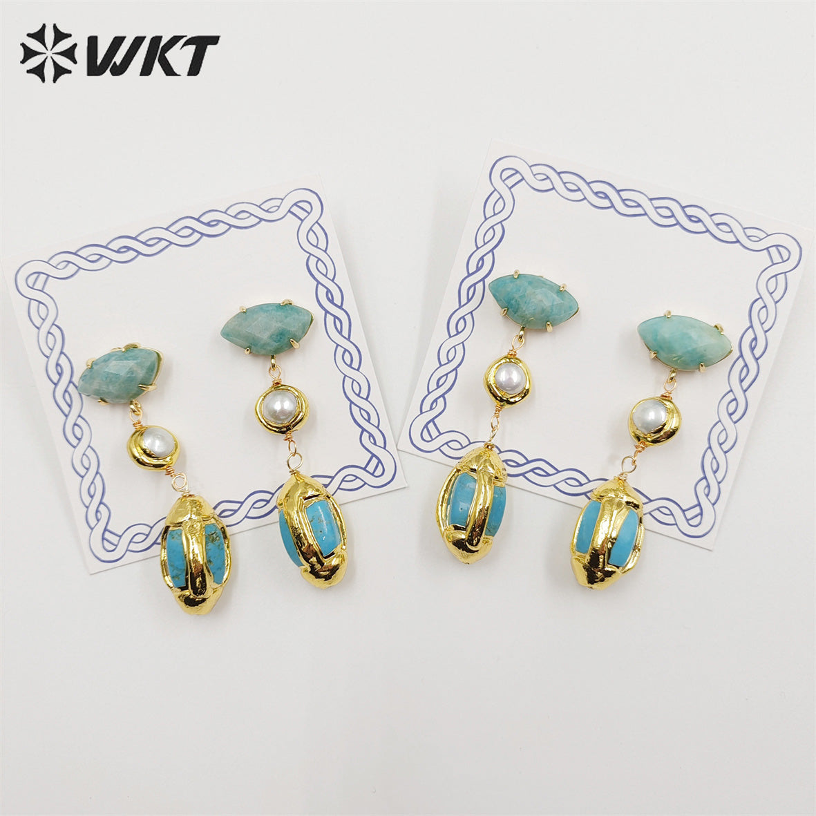 WT-E710 Wholesale Newest Fashion Gold Triple Stone Combined Earrings Women Wire Wrapped Handmade Gemstone Quartz Earrings