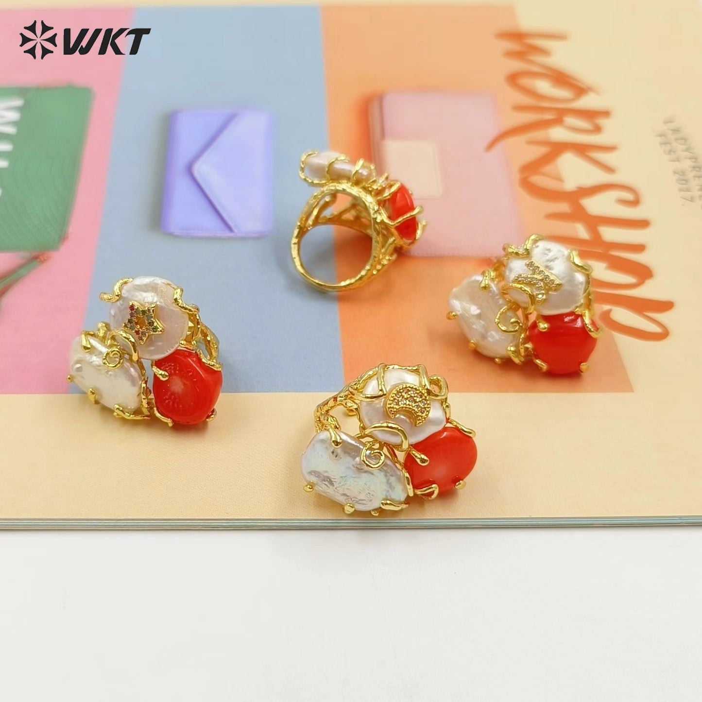 WT-MPR093 Wholesale Fashion Gold Plated Triple Stone Handmade Claw Setting Natural Red Coral and Pearl Women Ring With Charms