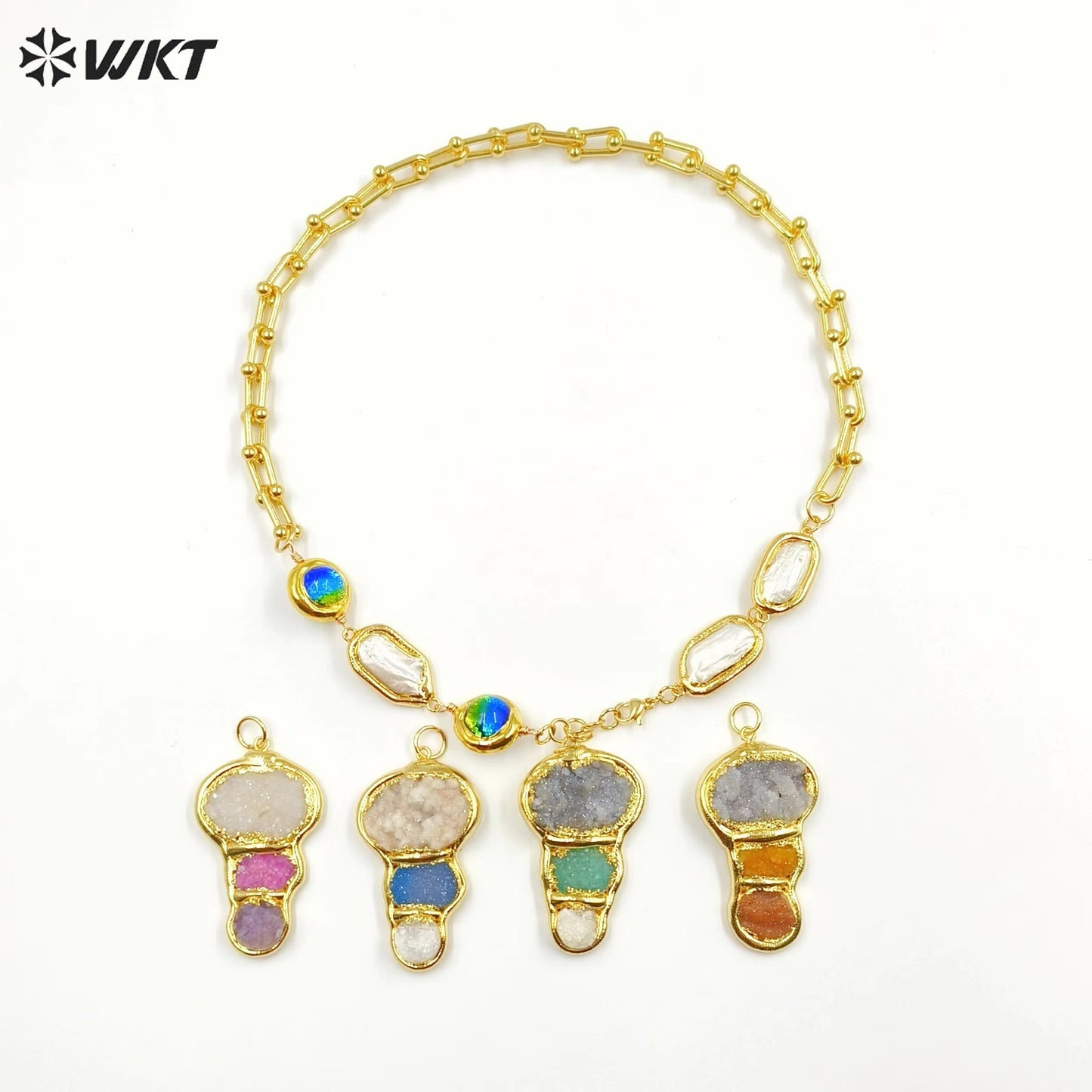 WT-JN257 WKT New Exclusive Design 19 Inch Long Handmade Chain Assemble With Beads Pearl Druzy Agate Pendant Women Necklace