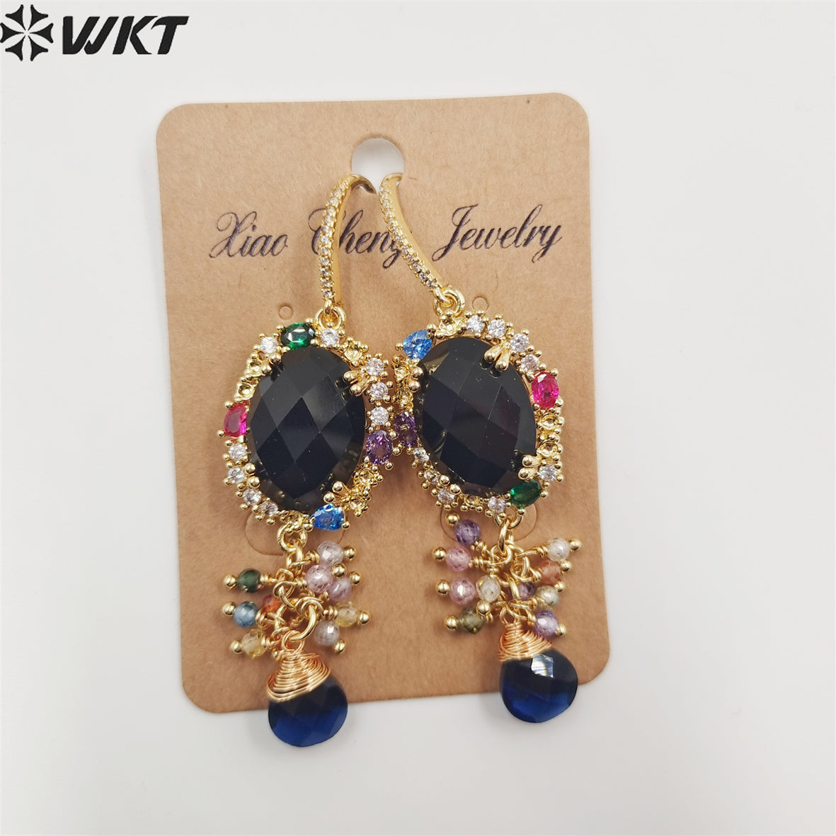 WT-E705 Charming Lady Colorful Handmade Dangling Hoops with Natural Gemstone Cubic Zircon Decorative Stone Earrings
