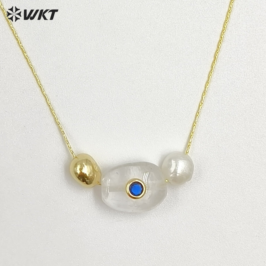 WT-N1541 Elegant Trendy Style Gold Electroplated Tiny Chain With Natural Gemstone And Pearl Pendant Necklace For Daily Wearing