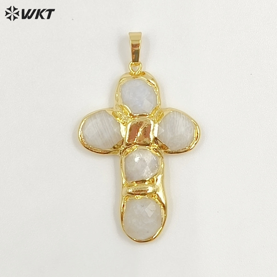 WT-P2027 Amazing Back Full Gold Plated Amazonite Multi Colors Natural Gemstones Cross Shape Pendants For Popular Necklace DIY