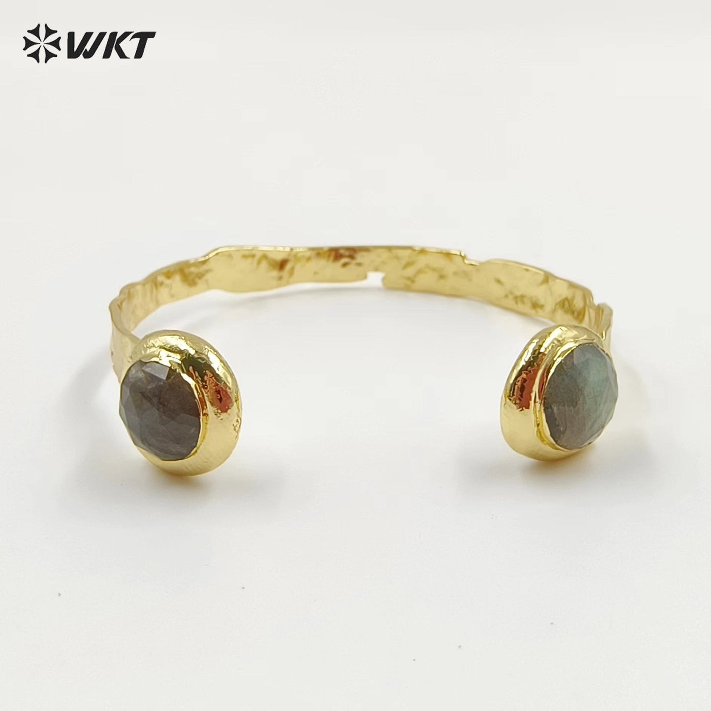 WT-B650 Newest Design Fashion 18K Real Gold Plated Resist Tarnishable Double Round Labradorite Stone Open Size Women Bangle
