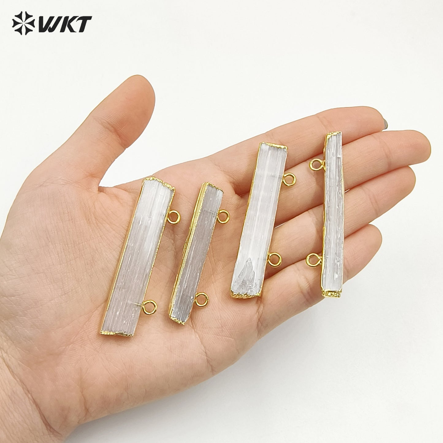 WT-P1311 WKT Wholesale New Fashion Real Gold Plated Double Hook Jewelry Rectangle Natural White Selenite Bar Pendant