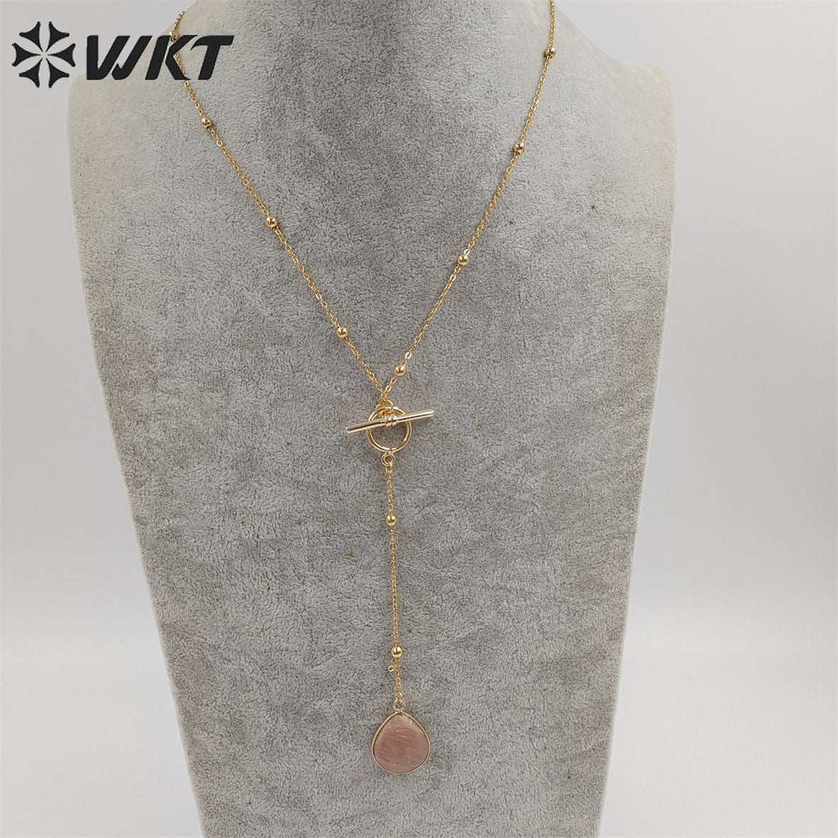 WT-N1386 WKT Newest Fashion Gold Plated Women Lariet Pendant Necklace Gold Beads Chain Themed Stone Necklace
