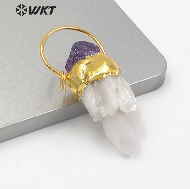 WT-P1582 Wholesale Gold Electroplated White Cluster Quartz Point Pendant Lady Fashion Natural Druzy Quartz Point Pendant