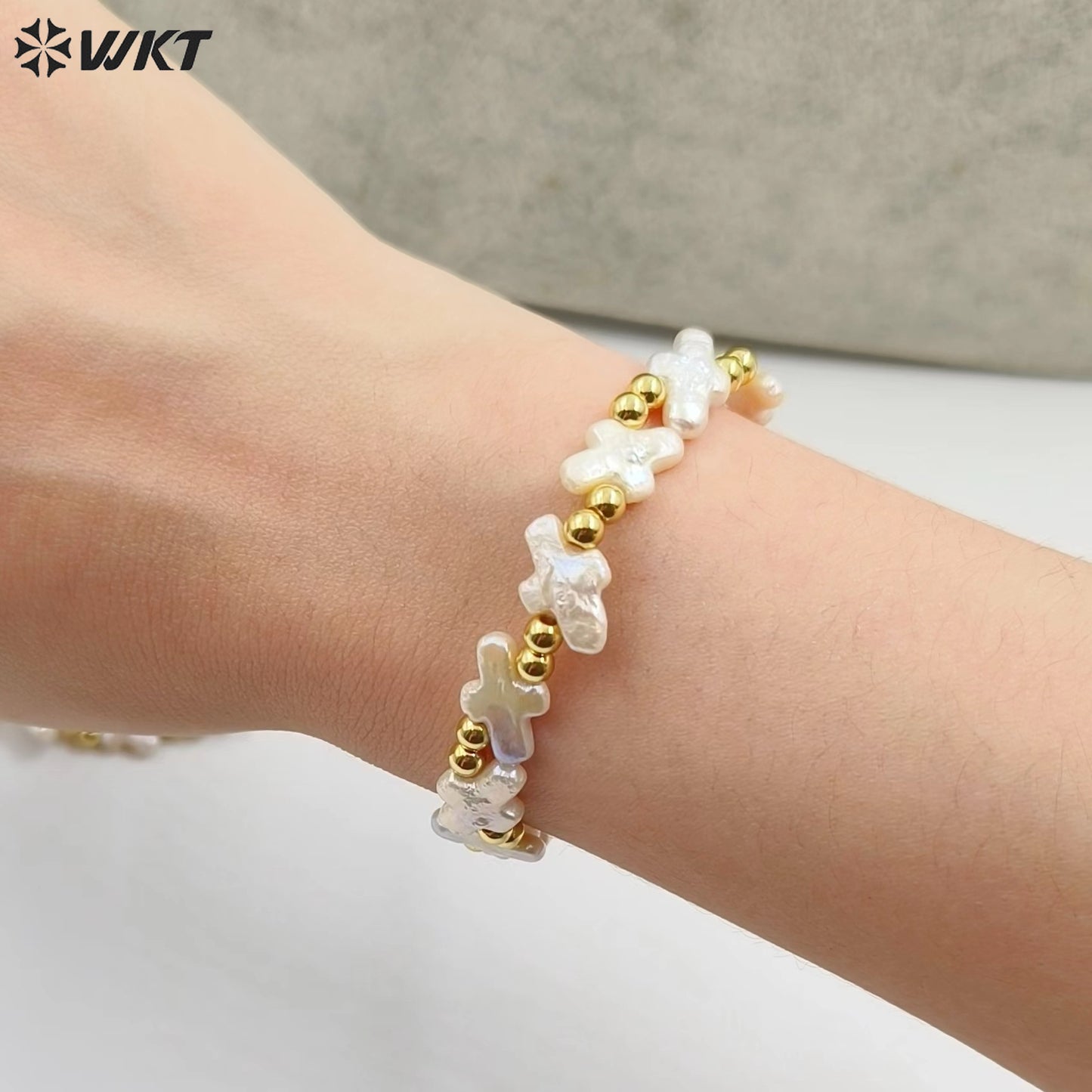 MPB101 Wholesale Handmade White Natural Freshwater Pearl Cross Flexible Beads Bracelets Women Birthday Gift