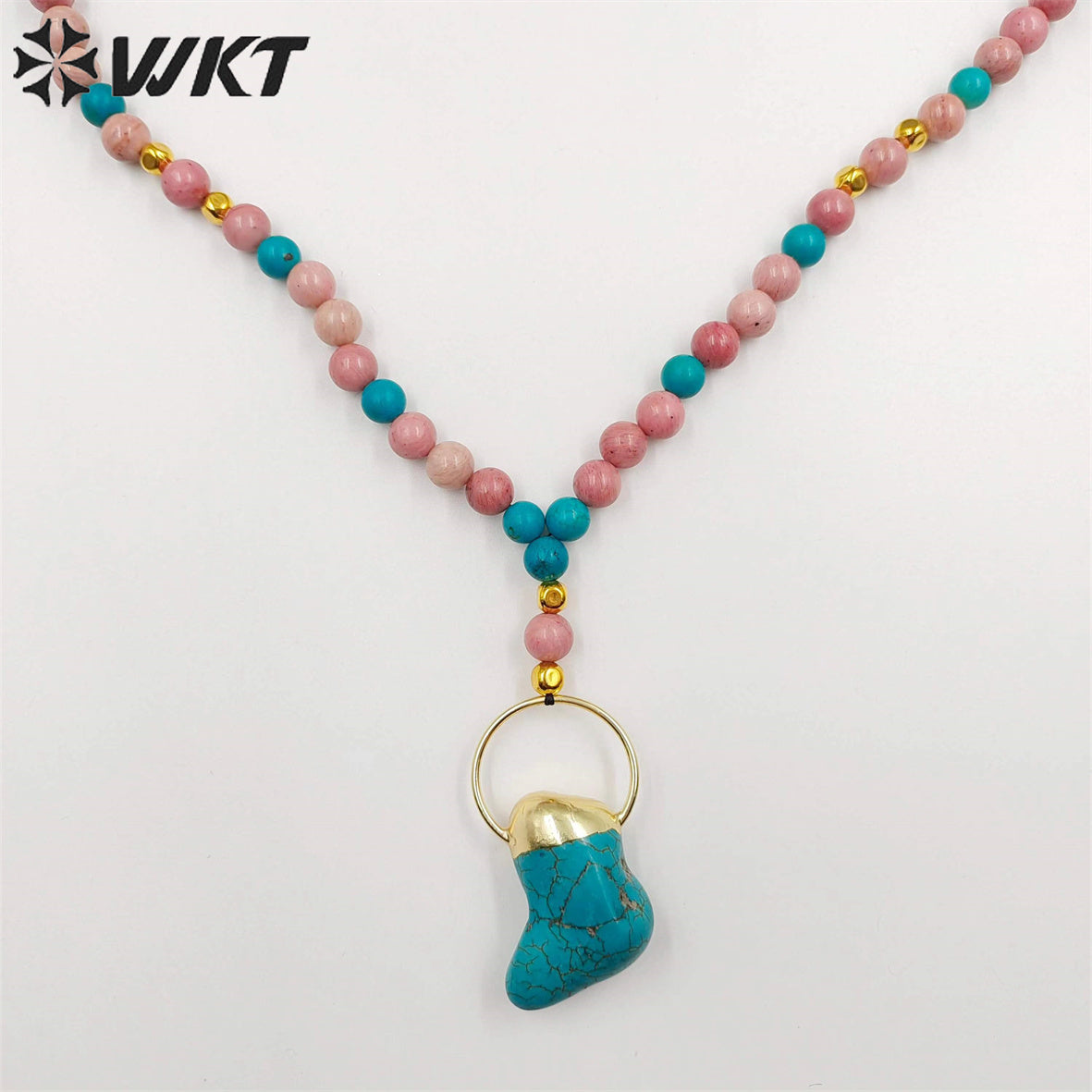 WT-N1410 Newest Fashion Handmade 30 Inch Long Sweater Chain Necklace Women Trendy Hot pink Opal Turquoise Beads Necklace