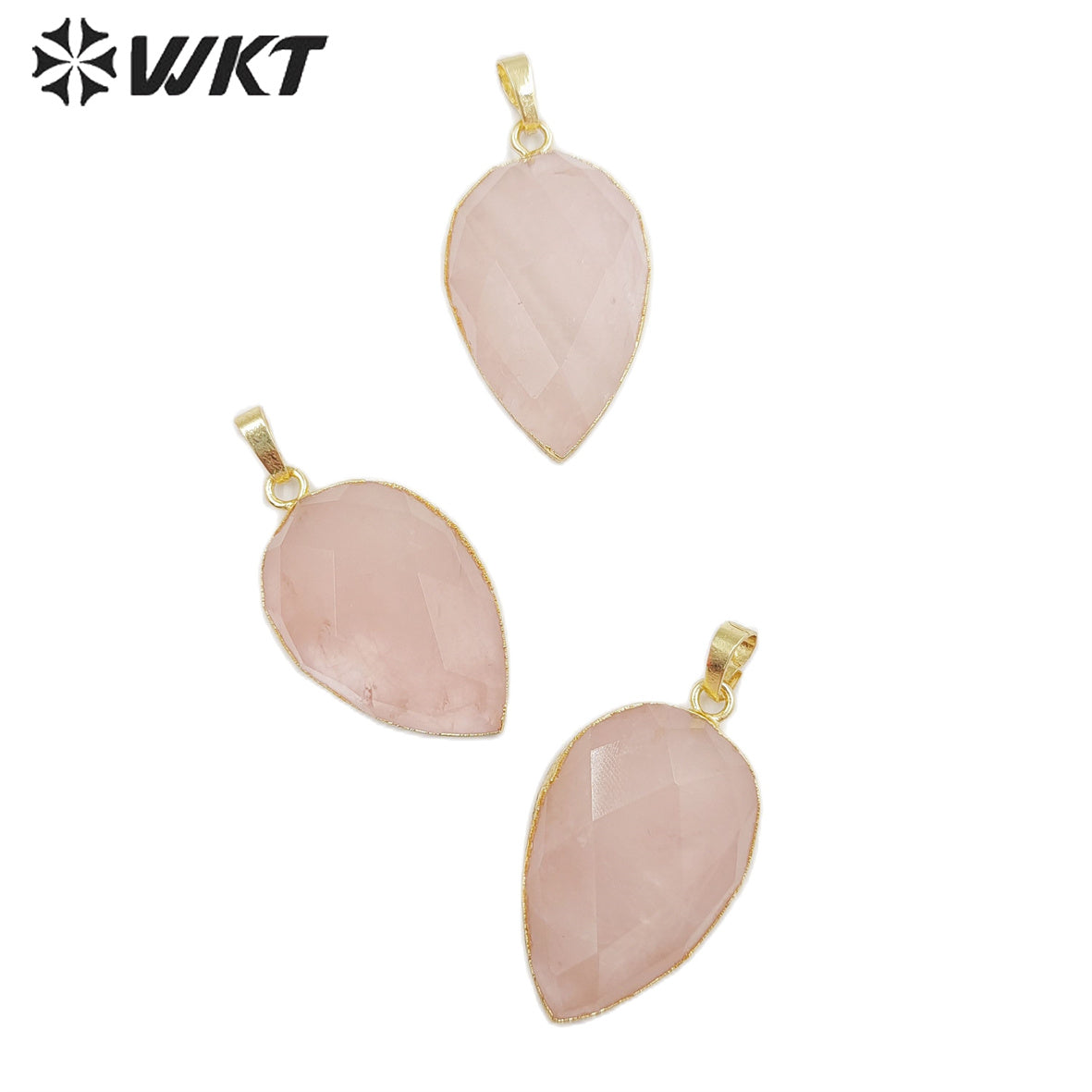 WT-P1297 WKT Wholesale pink Color Teardrop Faceted Raw Stone Charm Rose Gold Plated Rose Quartz Pendant