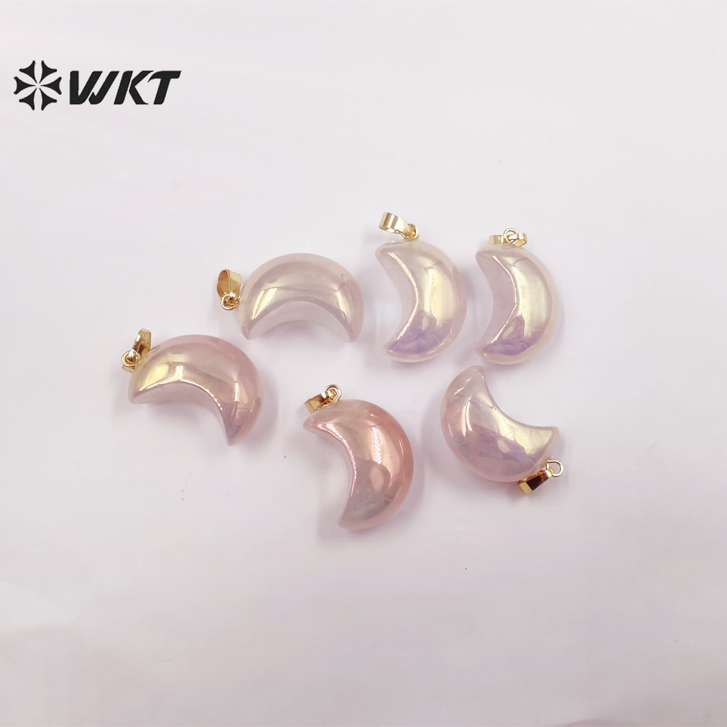 WT-P1826 WKT Newest Fashion Aura Rose Quartz Moon Stone Pendant Lady Small Size Natural pink Stone Moon Necklace Pendant