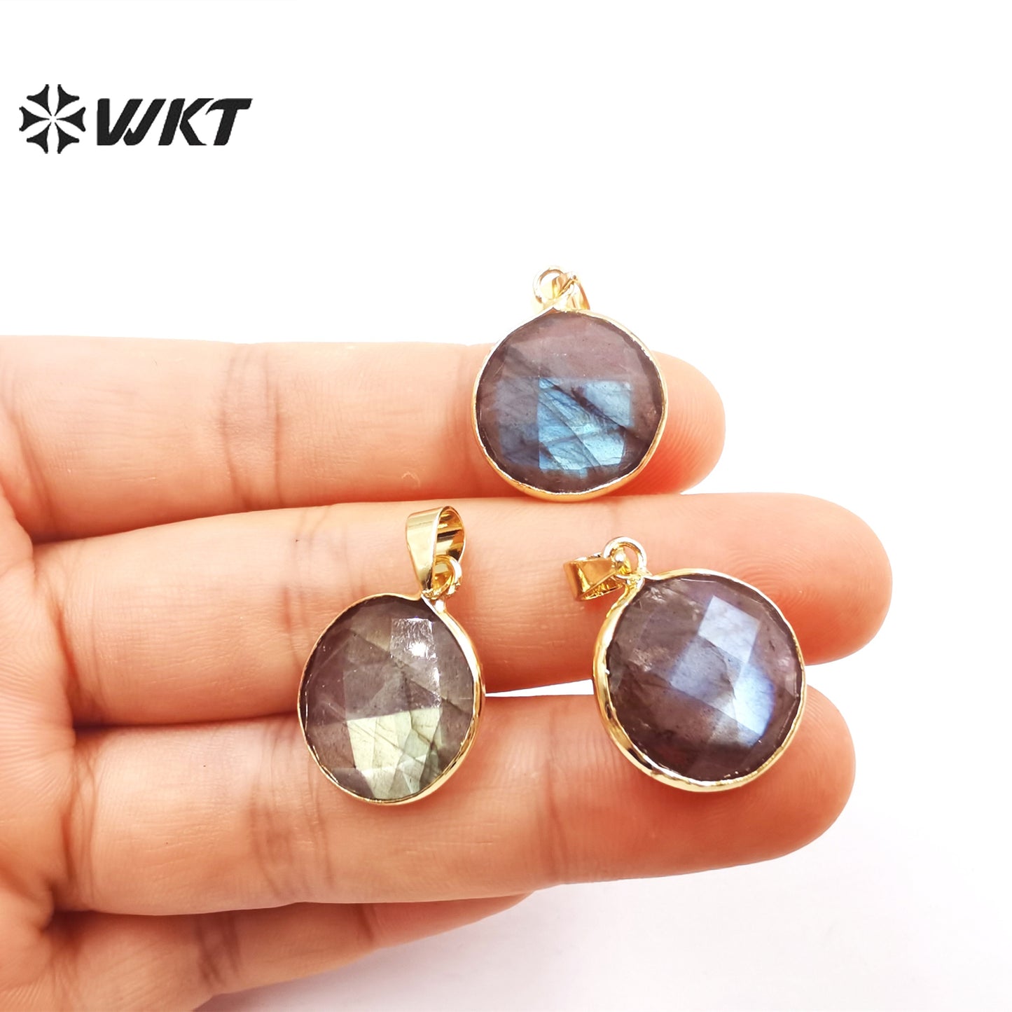 WT-P1827 WKT Newest Fashion Gold Bezel Round Natural Double Faceted Labradorite Pendant Simple 16mm Round Stone Pendant for Necklace