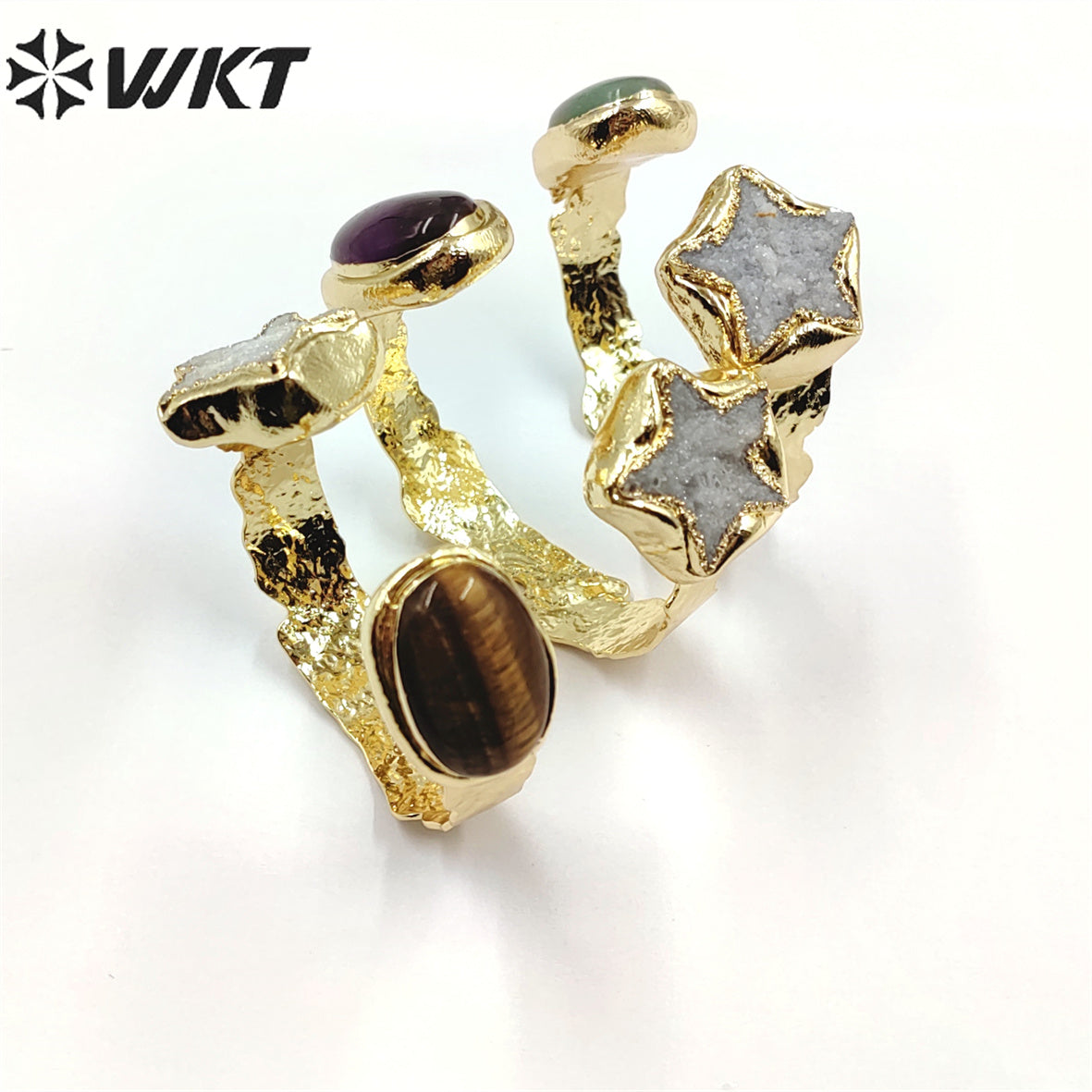 WT-B626 WKT Exclusive New Double Stone Star Quartz Bangle Gorgeous 18k Gold Electroplated Resist Tarnishable Green Chalcedony