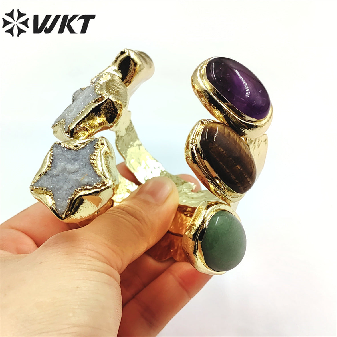 WT-B626 WKT Exclusive New Double Stone Star Quartz Bangle Gorgeous 18k Gold Electroplated Resist Tarnishable Green Chalcedony