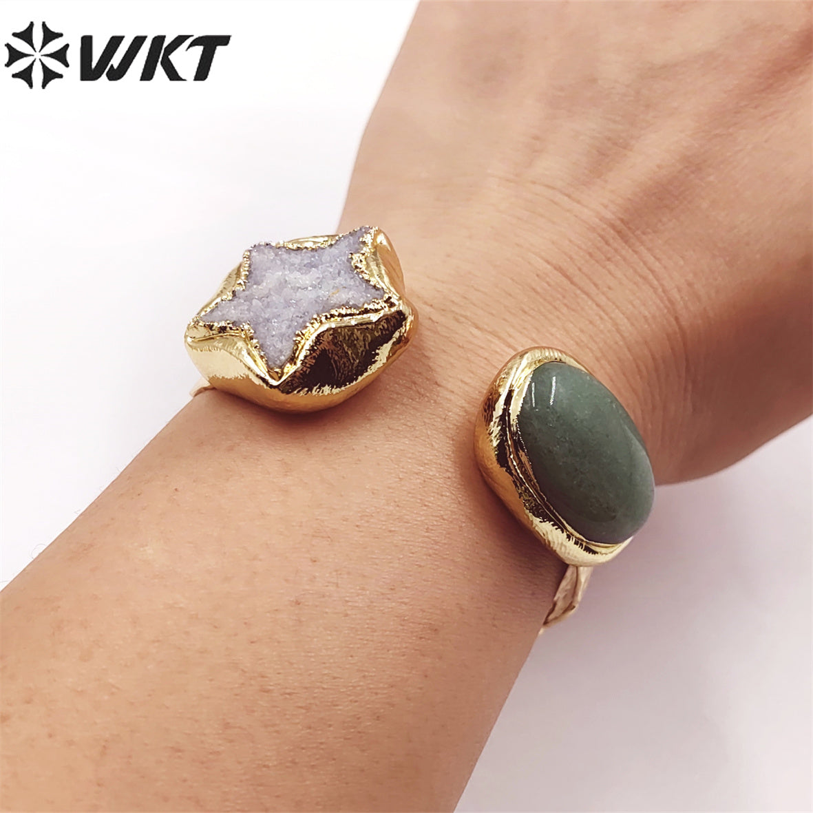 WT-B626 WKT Exclusive New Double Stone Star Quartz Bangle Gorgeous 18k Gold Electroplated Resist Tarnishable Green Chalcedony