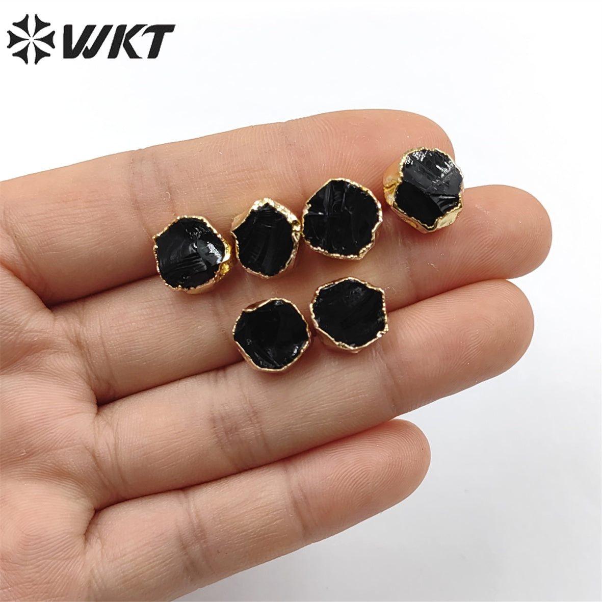 WT-E703 WKT New Design Randomly Round Natural Black Obsidian Stone Studs in 18k Real Gold Plated Raw Amethyst Stone Studs