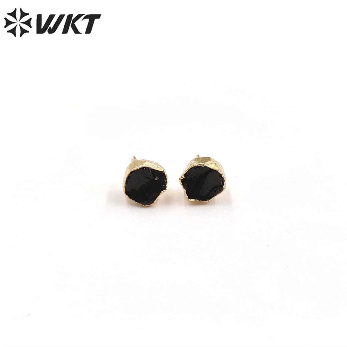WT-E703 WKT New Design Randomly Round Natural Black Obsidian Stone Studs in 18k Real Gold Plated Raw Amethyst Stone Studs