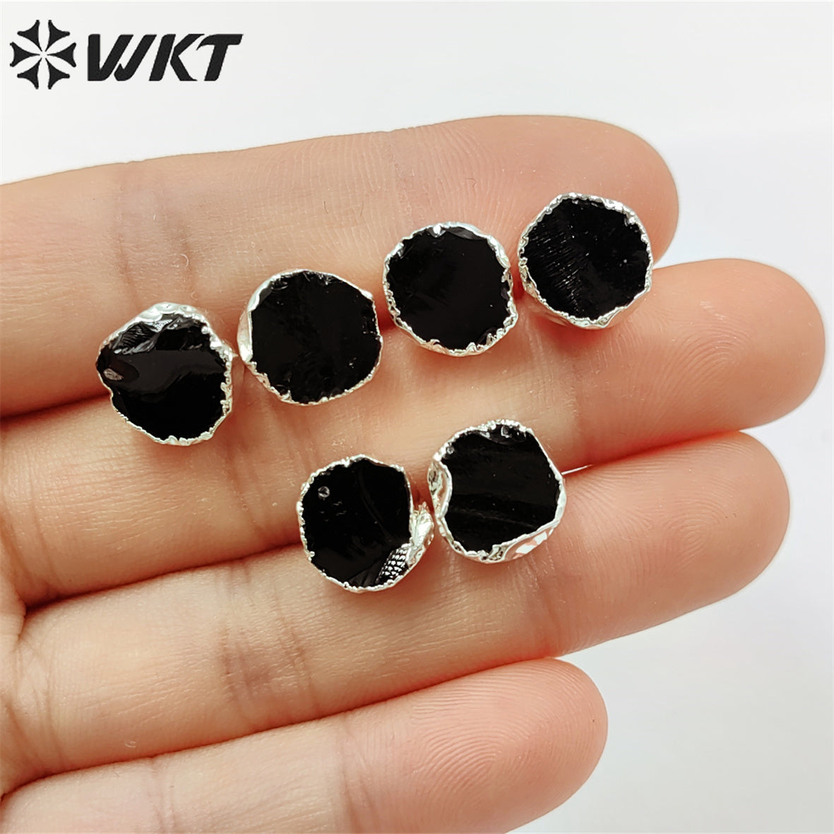 WT-E703 WKT New Design Randomly Round Natural Black Obsidian Stone Studs in 18k Real Gold Plated Raw Amethyst Stone Studs