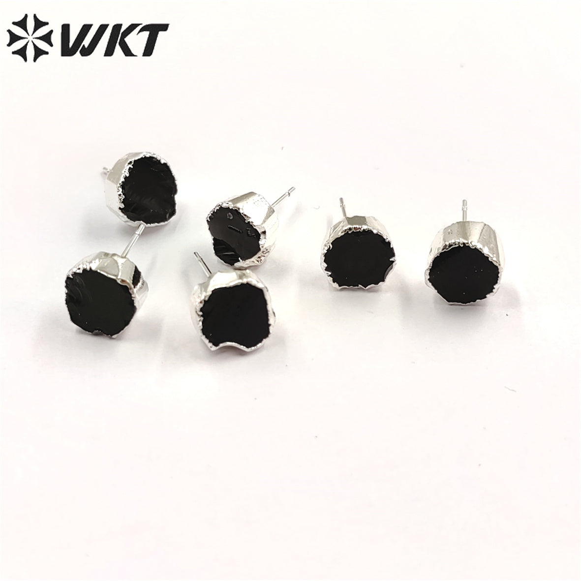 WT-E703 WKT New Design Randomly Round Natural Black Obsidian Stone Studs in 18k Real Gold Plated Raw Amethyst Stone Studs