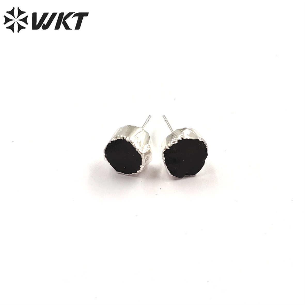 WT-E703 WKT New Design Randomly Round Natural Black Obsidian Stone Studs in 18k Real Gold Plated Raw Amethyst Stone Studs