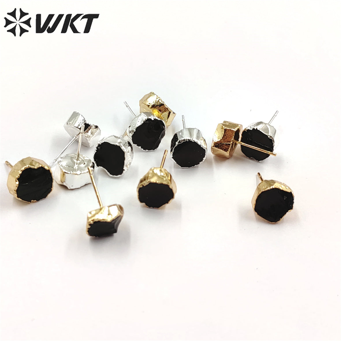 WT-E703 WKT New Design Randomly Round Natural Black Obsidian Stone Studs in 18k Real Gold Plated Raw Amethyst Stone Studs
