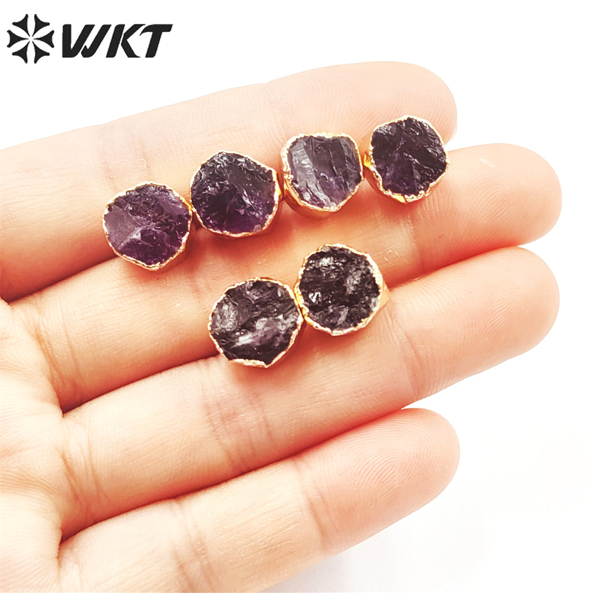 WT-E703 WKT New Design Randomly Round Natural Black Obsidian Stone Studs in 18k Real Gold Plated Raw Amethyst Stone Studs