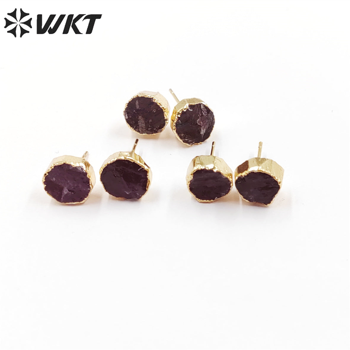WT-E703 WKT New Design Randomly Round Natural Black Obsidian Stone Studs in 18k Real Gold Plated Raw Amethyst Stone Studs