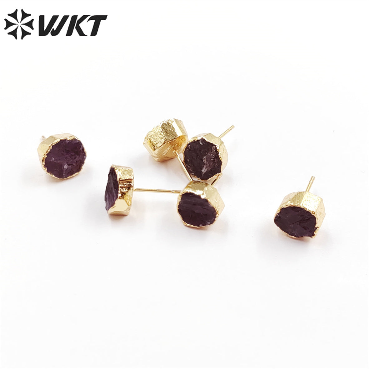 WT-E703 WKT New Design Randomly Round Natural Black Obsidian Stone Studs in 18k Real Gold Plated Raw Amethyst Stone Studs