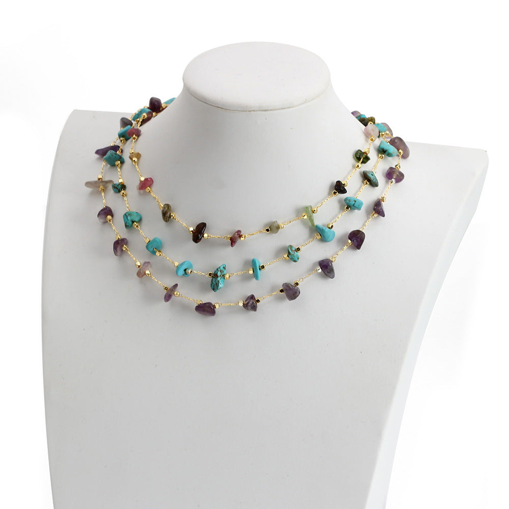 WT-BFN059 Newest Design Handmade Natural Nugget Amethyst Turquoise Stone Beads Rosary Chain Necklace Irregular Beads Necklace