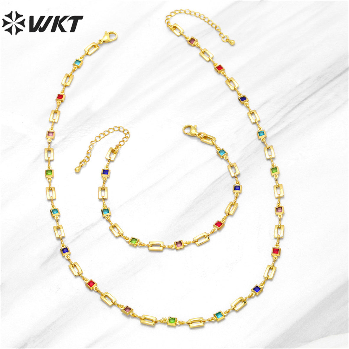 WT-BFN048 Hip-hop Trend Geometric Rectangular Stitching Necklace Bracelet Set Colored Zircon Necklace 18k Gold Metal Necklace