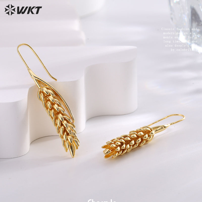 WT-E745 Wholesale Fashion 18K Real Gold Plated Brass Metal Wheat Hoop Earrings Women Long Dangle Gift for Friend