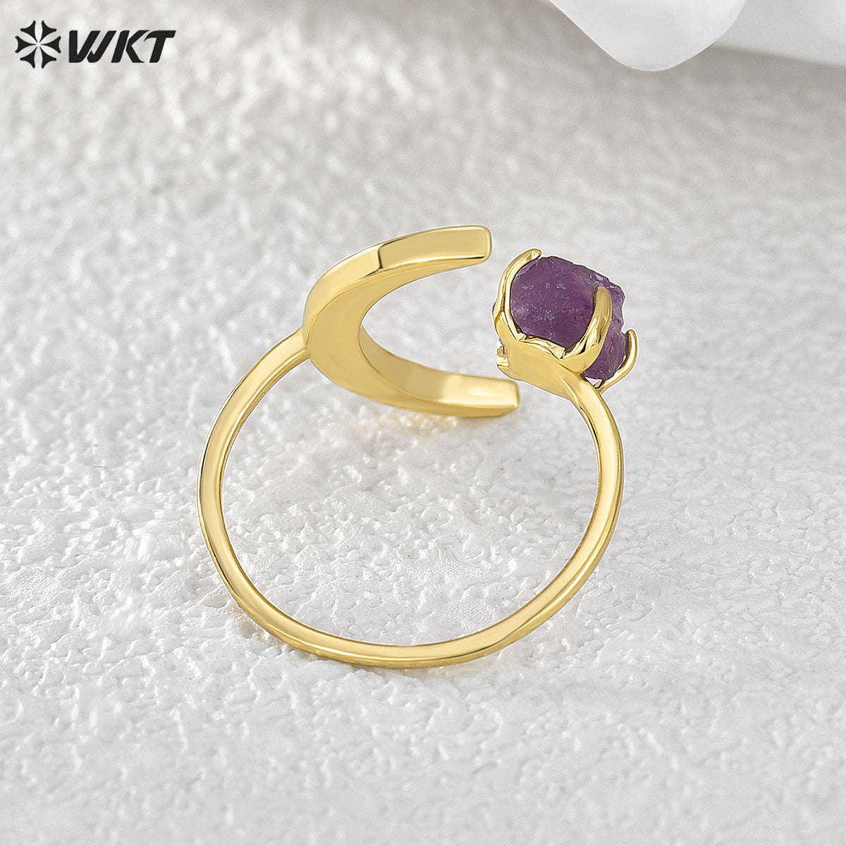 WT-R494 Women Fashion Unique 18K Real Gold Plated Crescent Horn Moon Raw Amethyst Stone Ring in Office Style