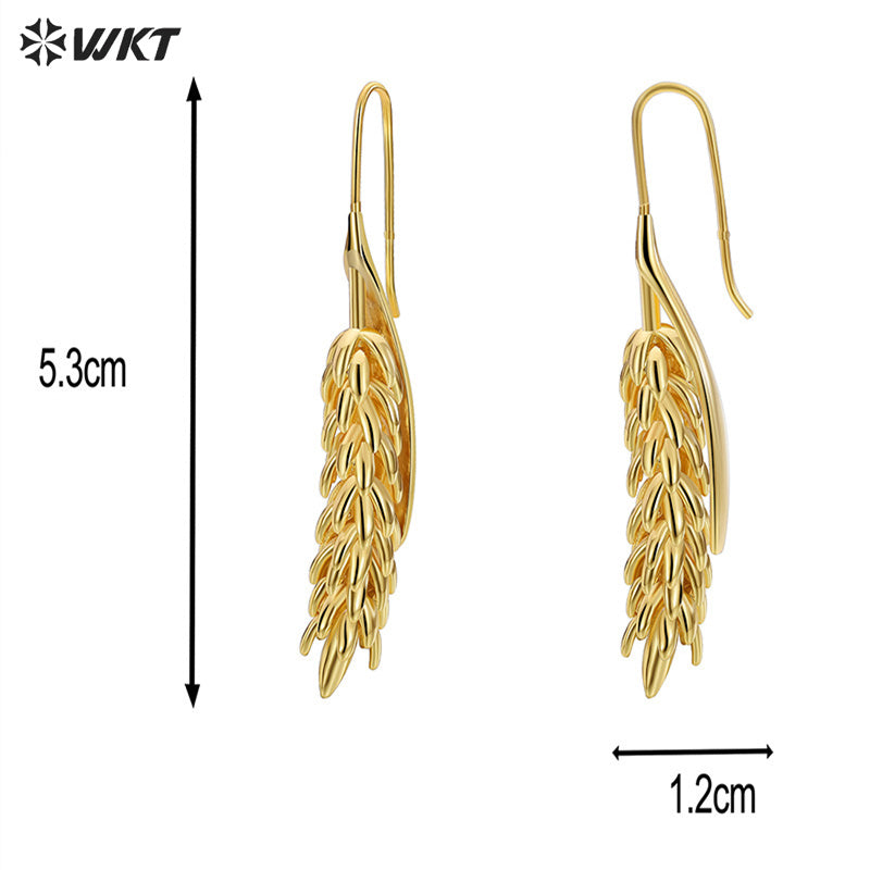 WT-E745 Wholesale Fashion 18K Real Gold Plated Brass Metal Wheat Hoop Earrings Women Long Dangle Gift for Friend
