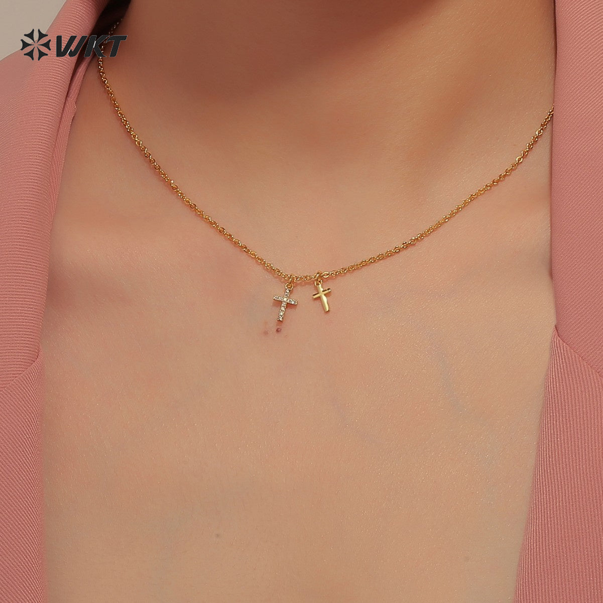 WT-MN998 Trendy Exquisite Double Cross Cubic Zircon Paved Pendant Collarbone Chain Necklace for Women Skirt Jewelry