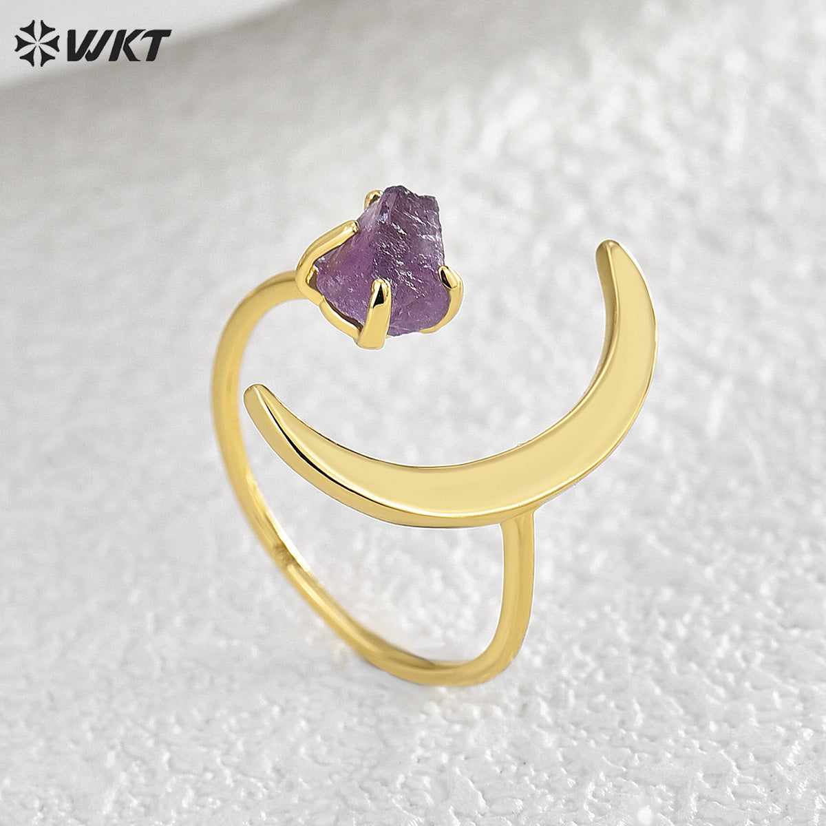 WT-R494 Women Fashion Unique 18K Real Gold Plated Crescent Horn Moon Raw Amethyst Stone Ring in Office Style