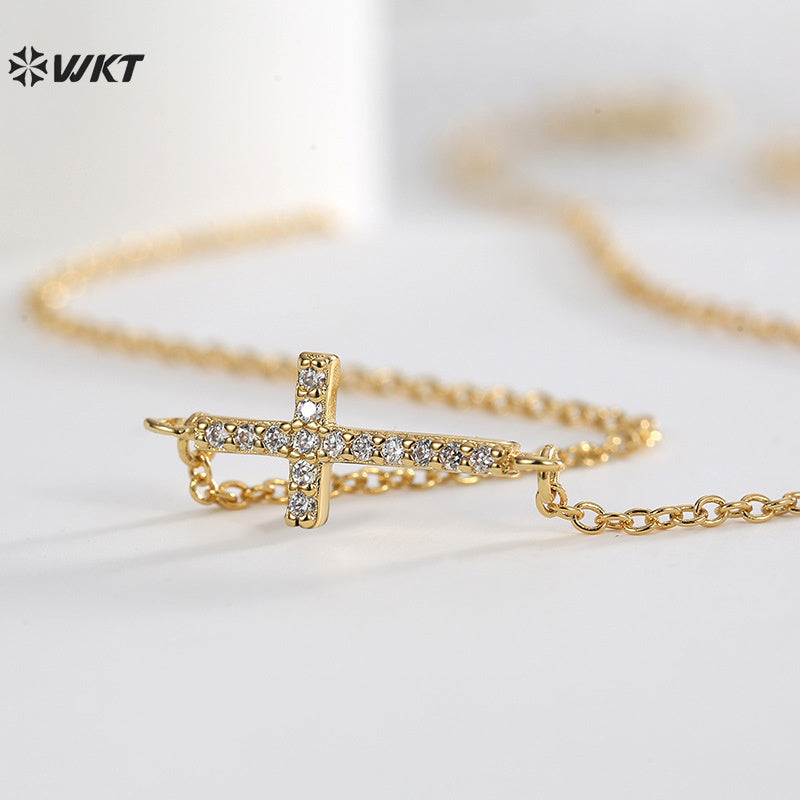 WT-MN997 Trendy Wholesale Cross Shape With Zircon Paved Connector Pendant Chain Necklace for Couple Daily Accessory