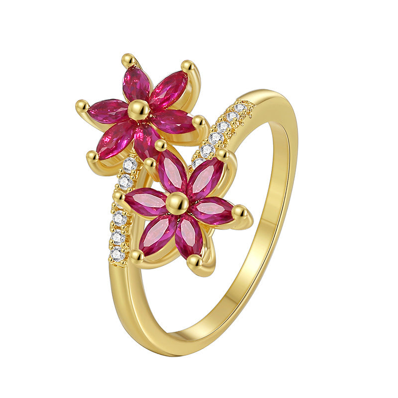WT-MR044 Newest Modern Trendy Gold Plated Cubic Zircon Double Flowers Shape Women Rings For Party Decoration Accessories