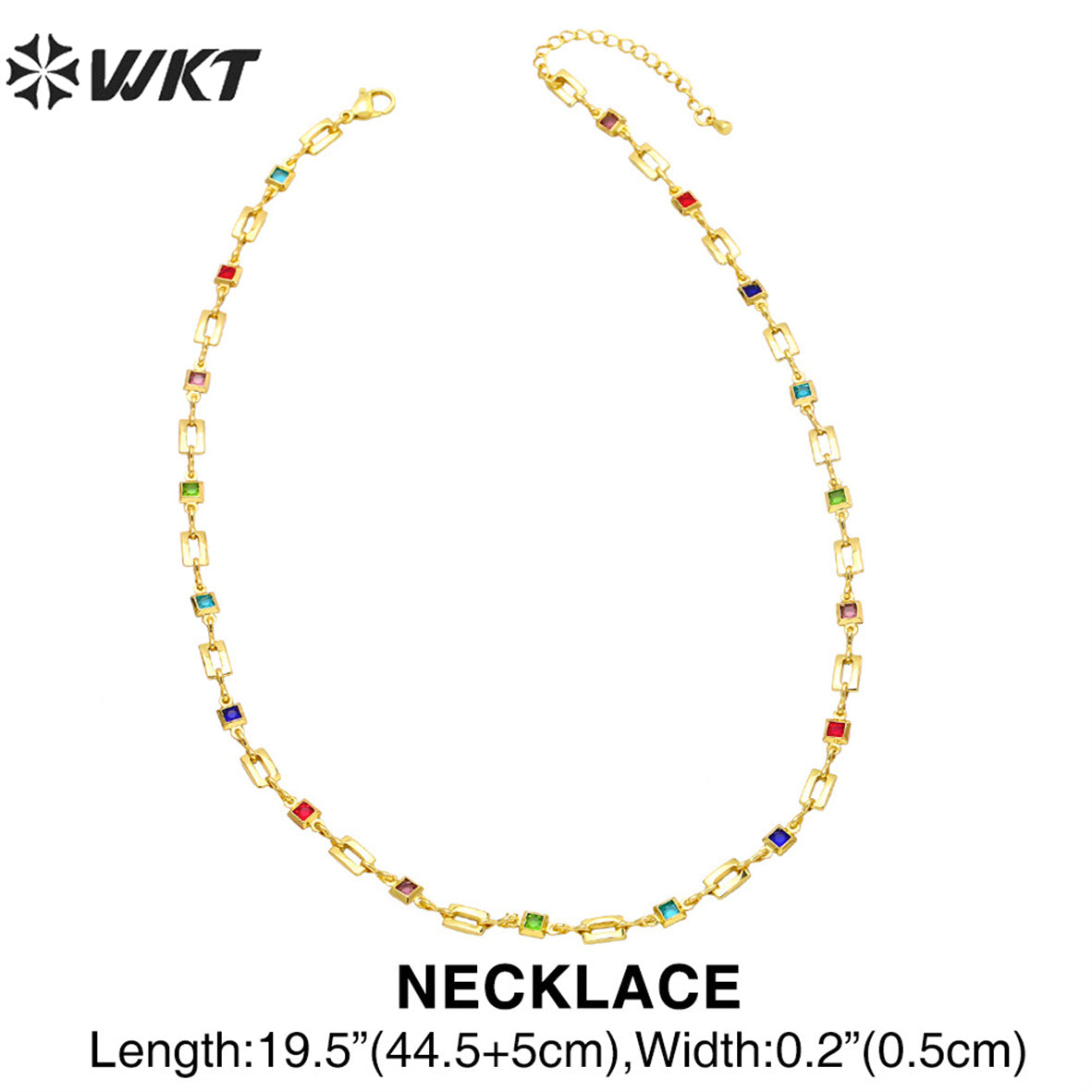 WT-BFN048 Hip-hop Trend Geometric Rectangular Stitching Necklace Bracelet Set Colored Zircon Necklace 18k Gold Metal Necklace
