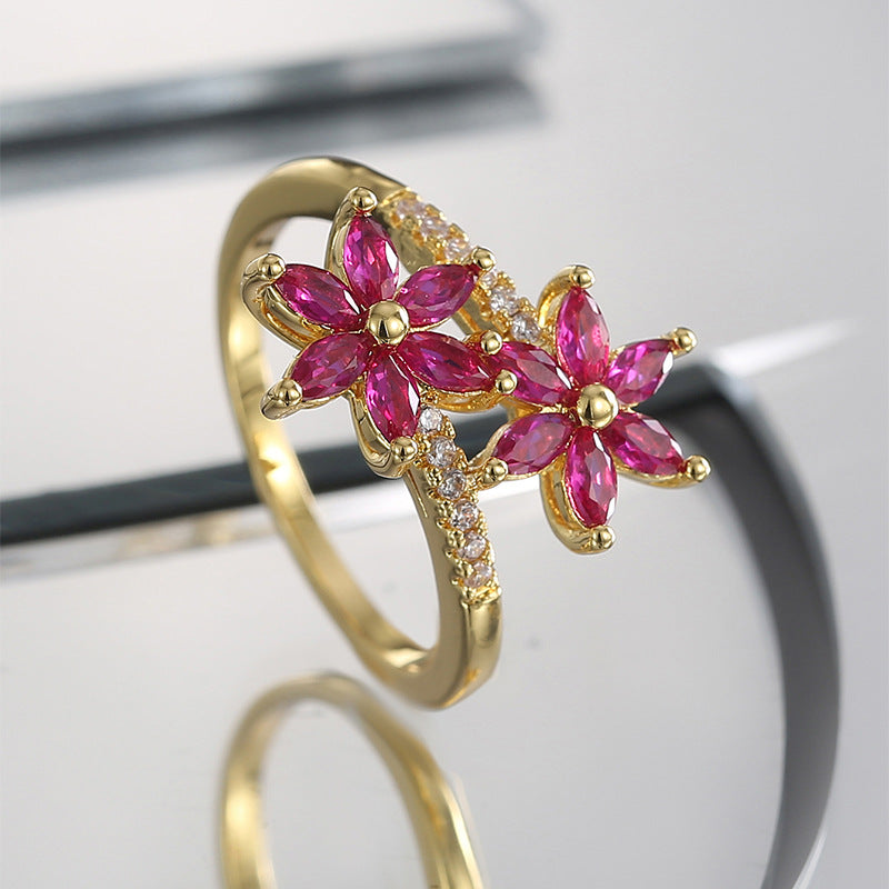 WT-MR044 Newest Modern Trendy Gold Plated Cubic Zircon Double Flowers Shape Women Rings For Party Decoration Accessories