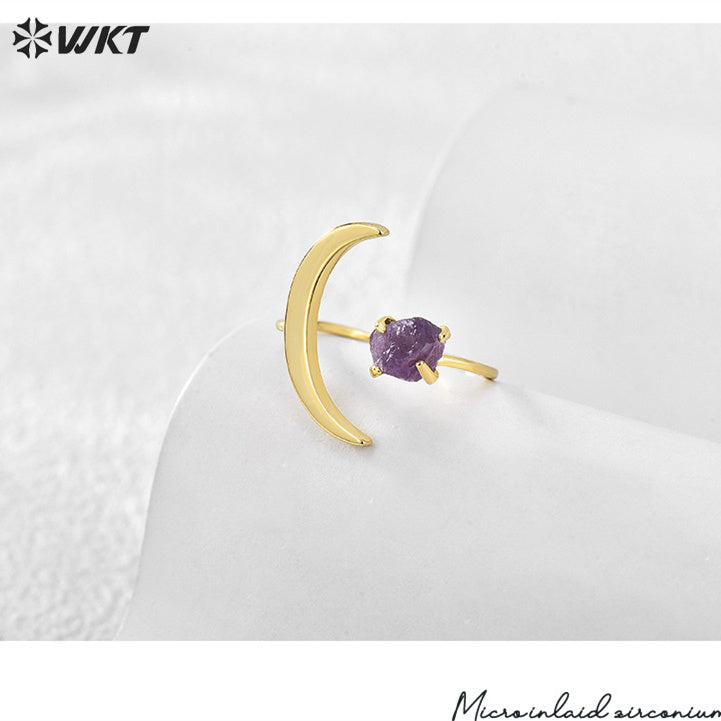 WT-R494 Women Fashion Unique 18K Real Gold Plated Crescent Horn Moon Raw Amethyst Stone Ring in Office Style