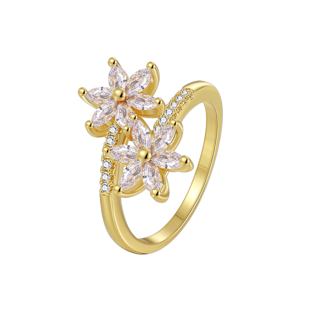 WT-MR044 Newest Modern Trendy Gold Plated Cubic Zircon Double Flowers Shape Women Rings For Party Decoration Accessories