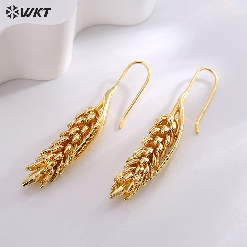 WT-E745 Wholesale Fashion 18K Real Gold Plated Brass Metal Wheat Hoop Earrings Women Long Dangle Gift for Friend
