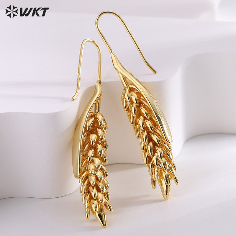 WT-E745 Wholesale Fashion 18K Real Gold Plated Brass Metal Wheat Hoop Earrings Women Long Dangle Gift for Friend